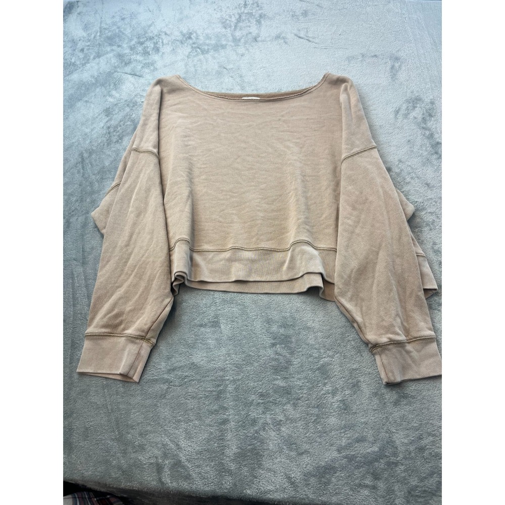 Aerie Slouchy Off Shoulder Cropped Sweatshirt Tan Khaki Size L